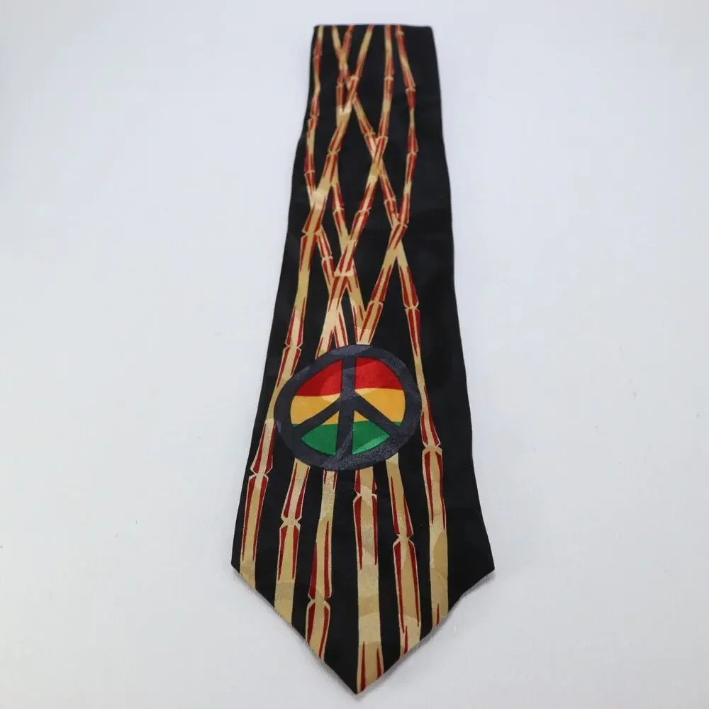 Vintage 14th Street Neckwear Tie Mens 55 in Rasta Colors Peach Sign Bamboo Wide